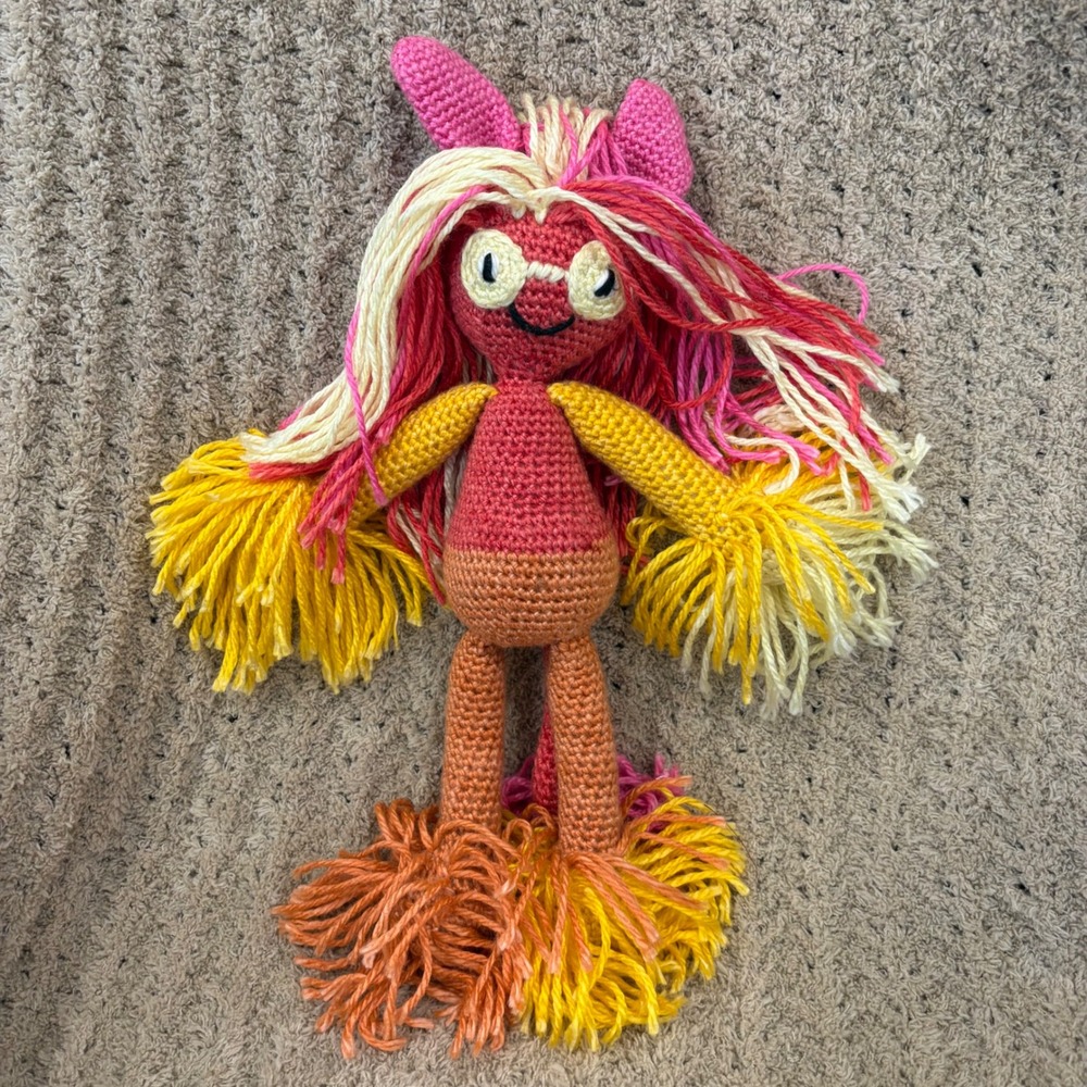 Handmade Crochet Amigurumi Doll 12" Colorful Yarn Hair Whimsical Art Doll